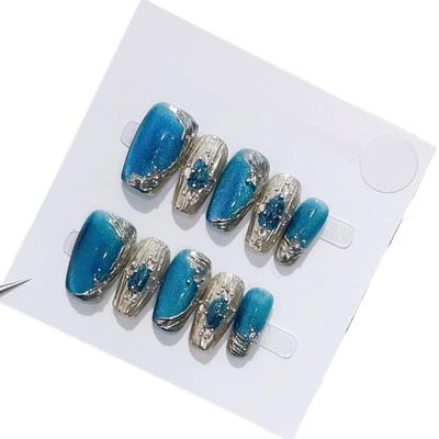 Blue Handmade Cat-Eye Nail Enhancements, Removable and Portable (L)