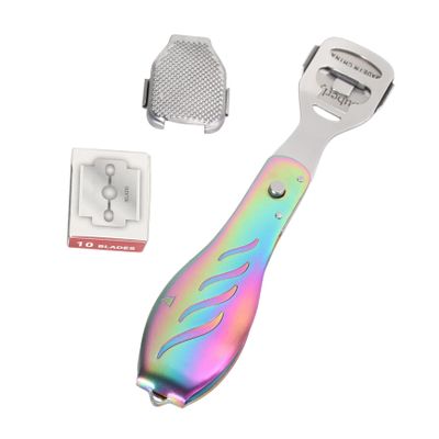 Healvian 3-Piece Folding Stainless Steel Foot Scraper, Callus Remover and Pedicure Tool with Colored Titanium Box