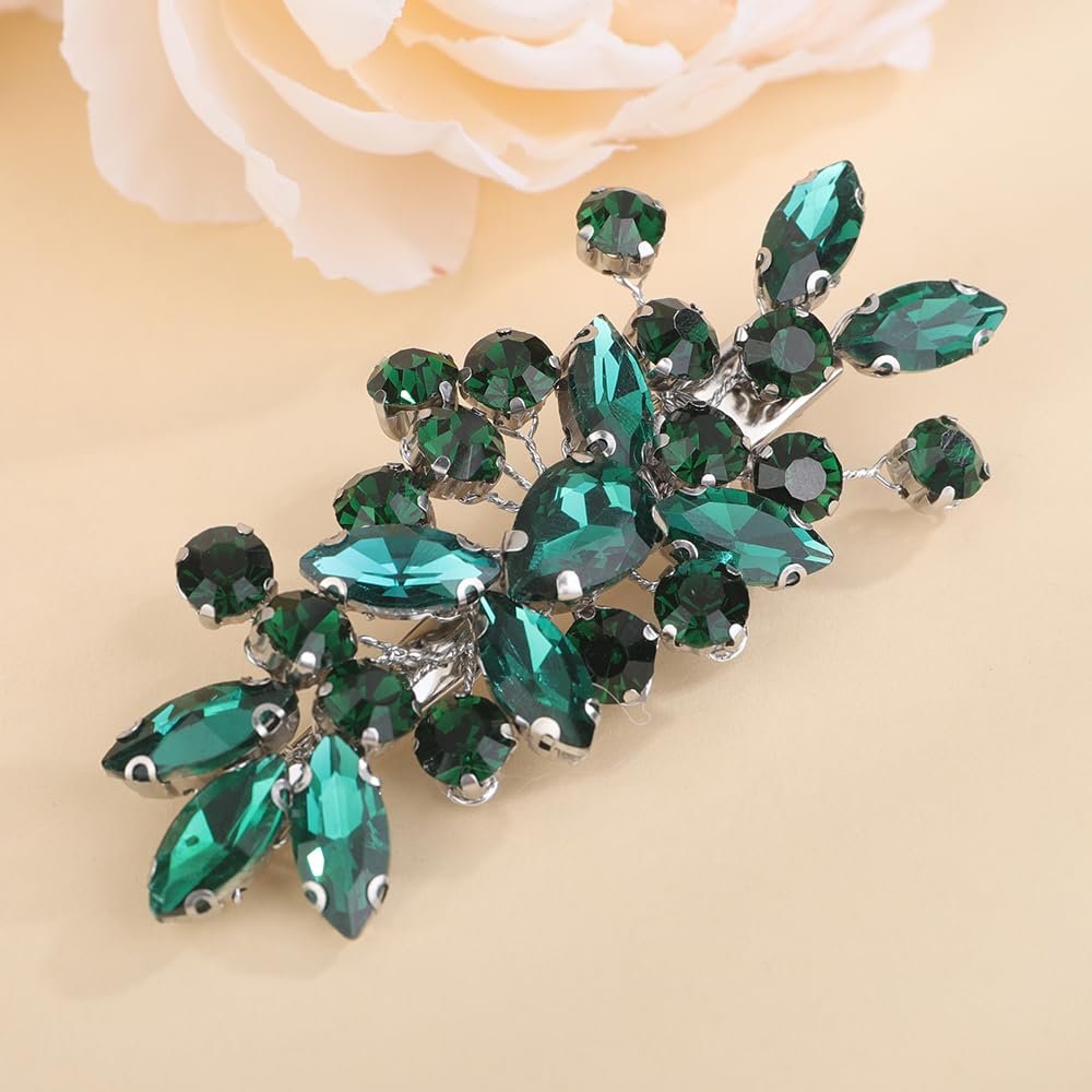 Teyglen Peacock Green Rhinestone Hair Clip for Women