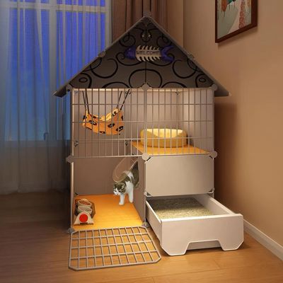 GUAWJRZDP 2-Tier Cat Cage with Litter Box, DIY Cat Playpen, Gray, 29.5 x 15.4 x 42.9 in