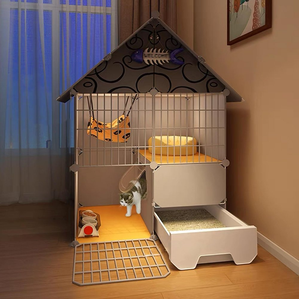 GUAWJRZDP 2-Tier Cat Cage with Litter Box, DIY Cat Playpen, Gray, 29.5 x 15.4 x 42.9 in