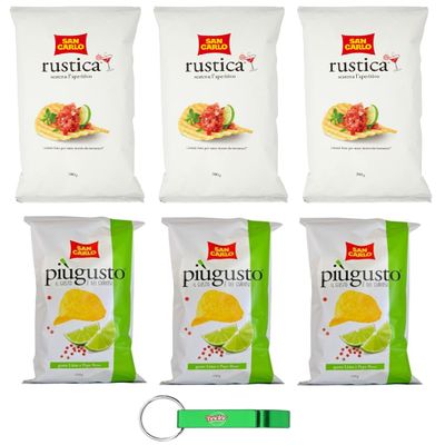 6-Pack San Carlo Potato Chips Variety Pack: 3x150g Lime & Pink Pepper + 3x300g Rustica, with Free Keychain