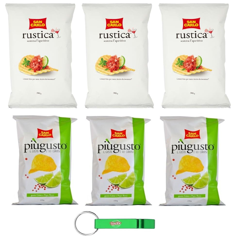 6-Pack San Carlo Potato Chips Variety Pack: 3x150g Lime & Pink Pepper + 3x300g Rustica, with Free Keychain