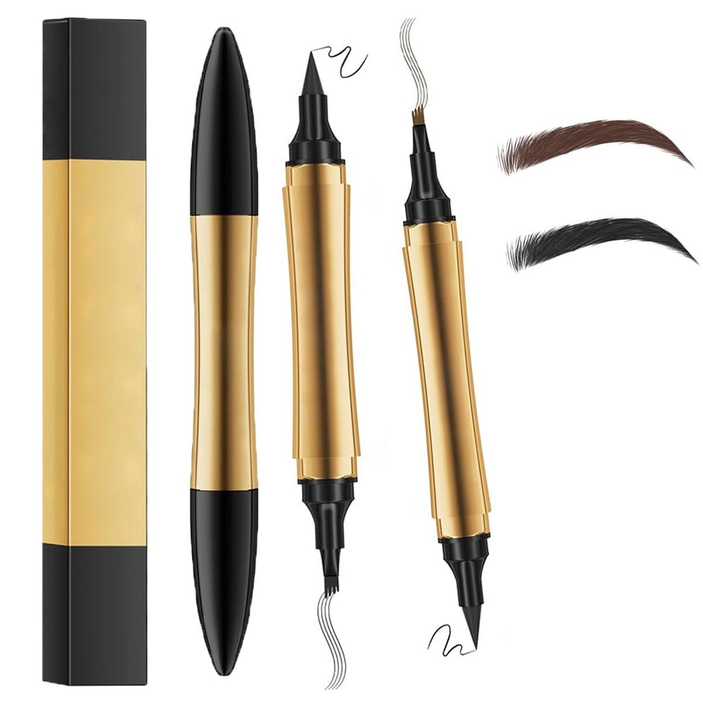 2-in-1 Magic Eyebrow Pencil, 2024 Upgraded Multifunctional 3D Microblading Eyebrow Tattoo Pen with 4-Fork Tip and Eyeliner, Double-Ended Waterproof Eyebrow Pencil (Black + Light Brown)
