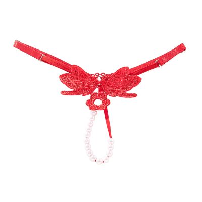 Adjustable Beaded Open-Crotch Thong, Red, One Size