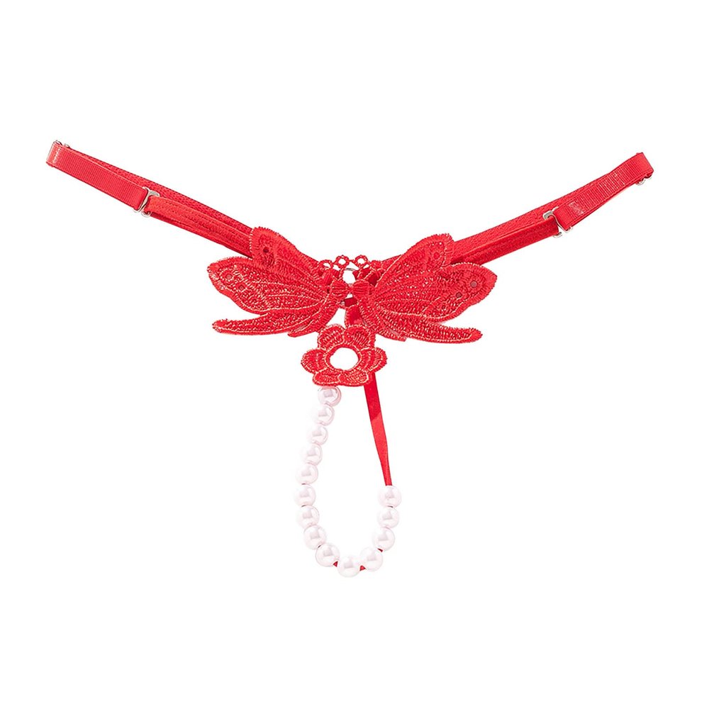 Adjustable Beaded Open-Crotch Thong, Red, One Size