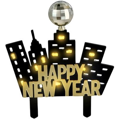 NYE Skyline Cake Topper, Light-Up, 5 x 6 in, Black and Gold