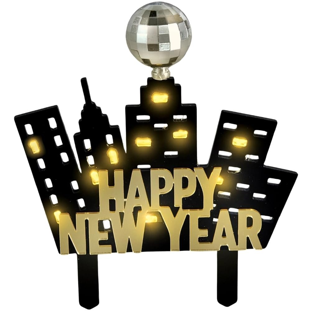 NYE Skyline Cake Topper, Light-Up, 5 x 6 in, Black and Gold