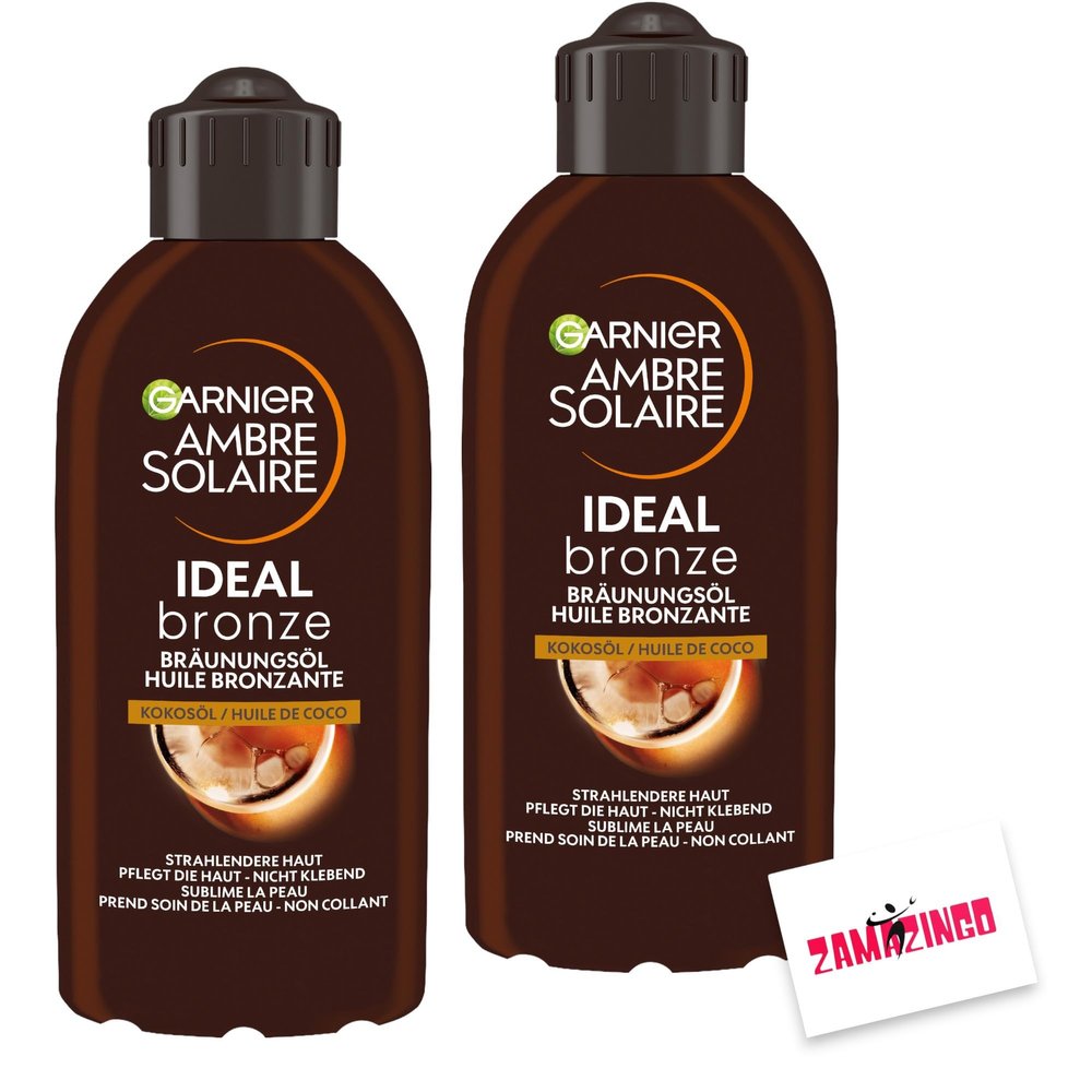 Garnier Ambre Solaire Ideal Bronze Tanning Oil, 200 ml | with Coconut Oil for a Quick Summer Tan | Natural, Even Tan + Zama4Zingo Card (2-Pack)