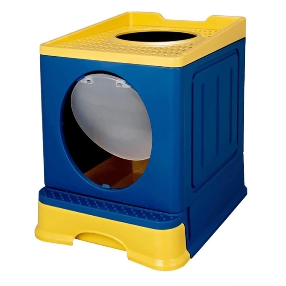 Covered Cat Litter Box with Scoop, Top Entry, Portable, Blue