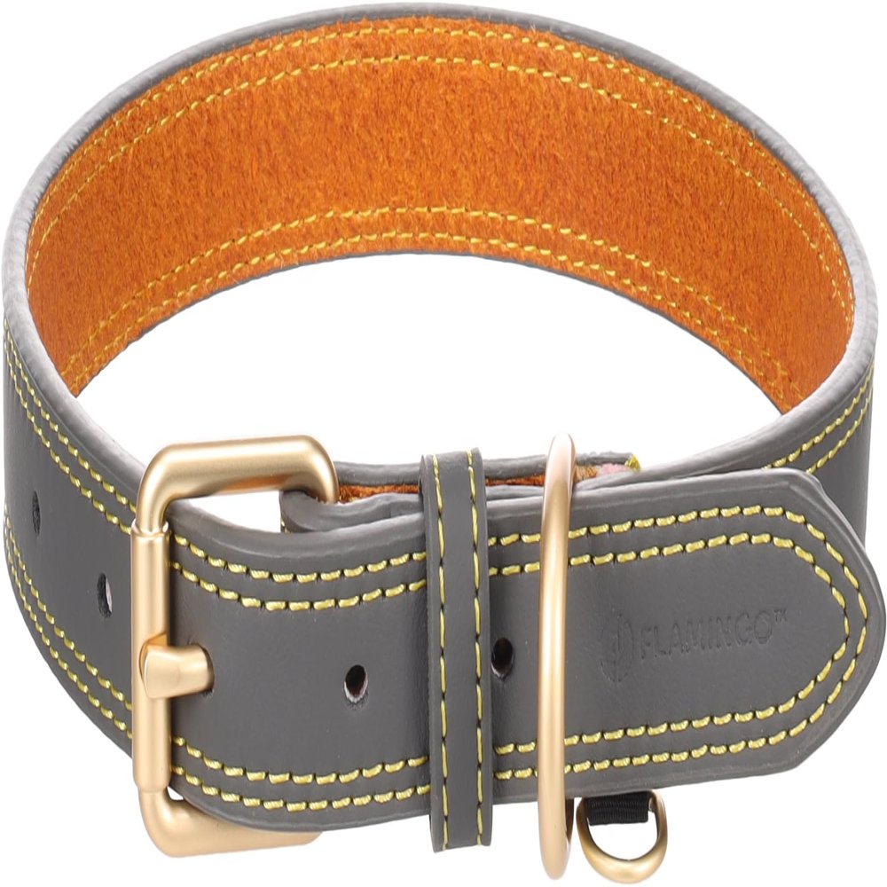 Flamingo Virginia Dog Collar, Gray, L, 43–53 cm, 25 mm – With Ring for ID Tag – Stitched for Extra Strength