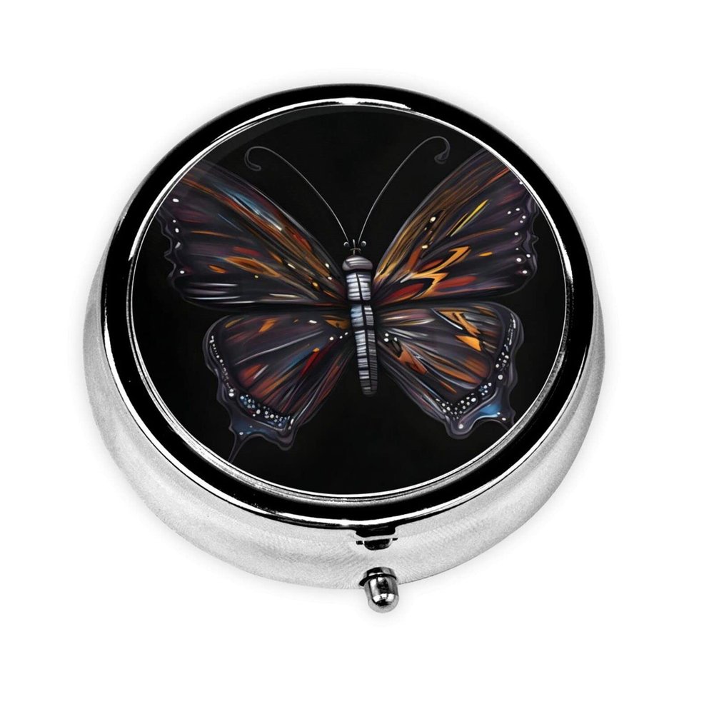 Mystery Butterfly Round Pill Box, 3 Compartments, Portable Travel Pill Organizer