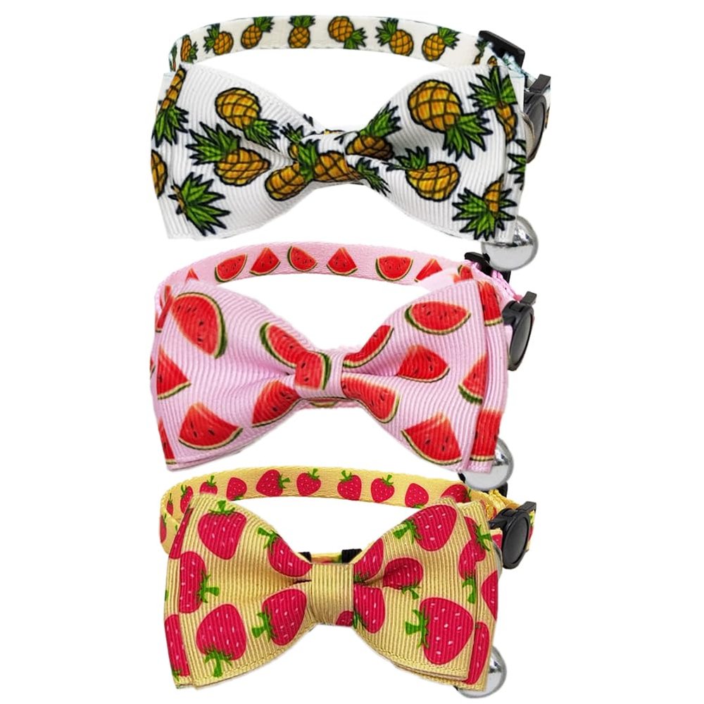 3-Pack Breakaway Cat Collars with Bow Ties and Bells, Watermelon, Strawberry & Pineapple