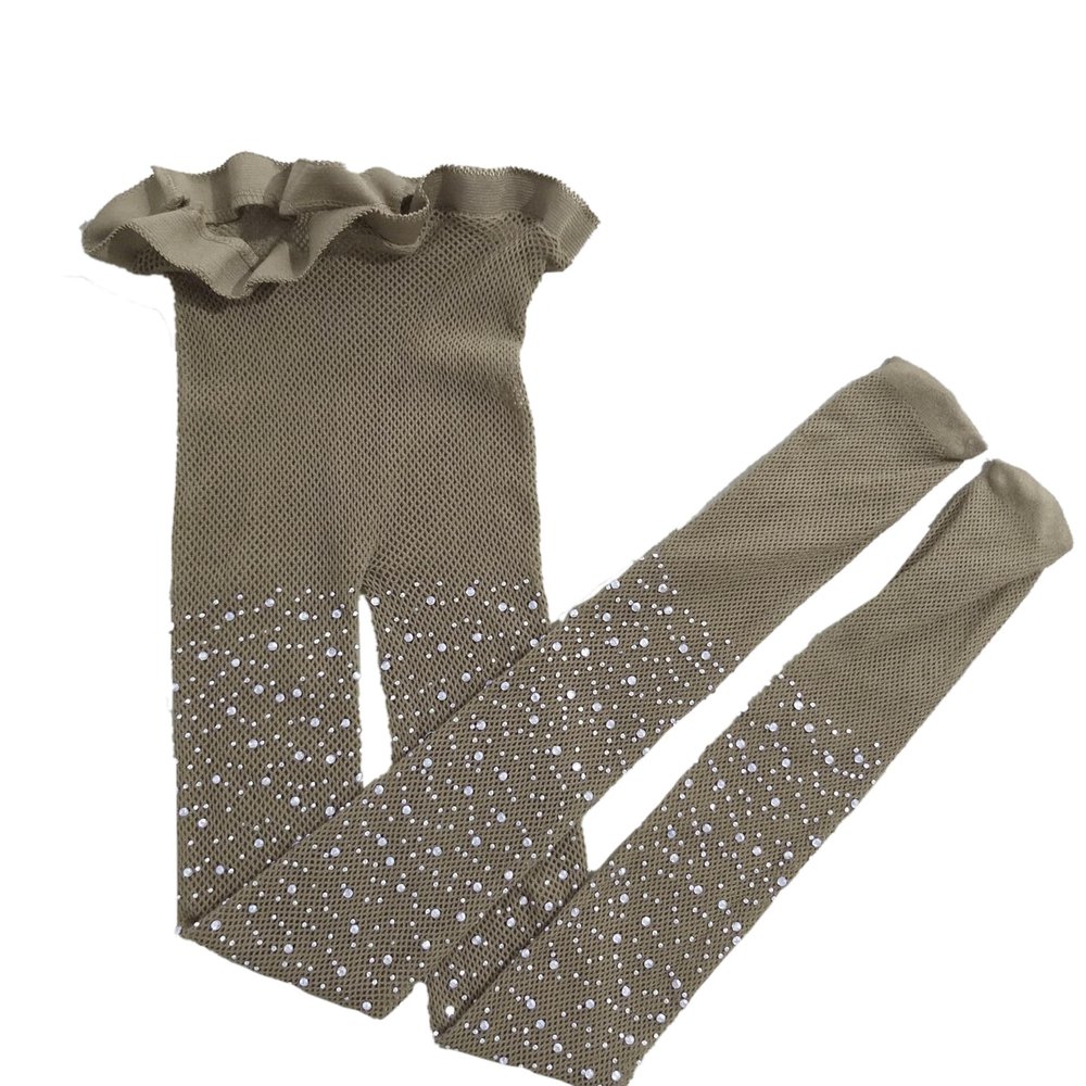 Whakano Rhinestone Fishnet Tights, High-Waisted Stretch Fishnet Stockings for Women, White/Khaki