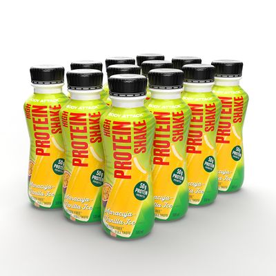 Body Attack High Protein Shake – Maracuja Vanilla Ice – 12 x 500 mL, 50 g Protein Each – Low-Calorie Ready-to-Drink Shake, Summer Edition, Deposit Included