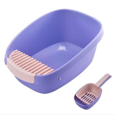 Large Cat Litter Box with High Back, Open Top, and Scoop, Portable, Purple, 44 × 61 × 22 cm
