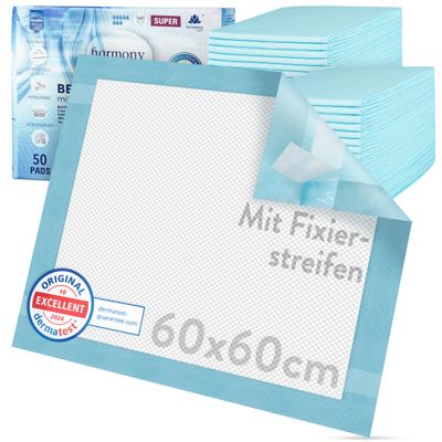 Harmony Care 100-Pack Disposable Incontinence Bed Pads with Fixing Strips, 60 x 60 cm