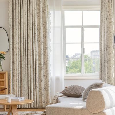 Daesar Blackout Curtains, 2-Piece Set, 107 x 229 cm, Beige Floral Print with Ruffles