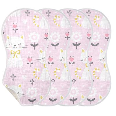 KLL Burp Cloths for Babies and Girls, 4-Pack, Large Cotton Cloths, Extra Soft and Absorbent, Cute Cat