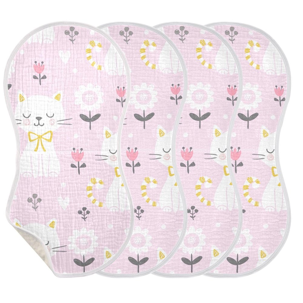 KLL Burp Cloths for Babies and Girls, 4-Pack, Large Cotton Cloths, Extra Soft and Absorbent, Cute Cat