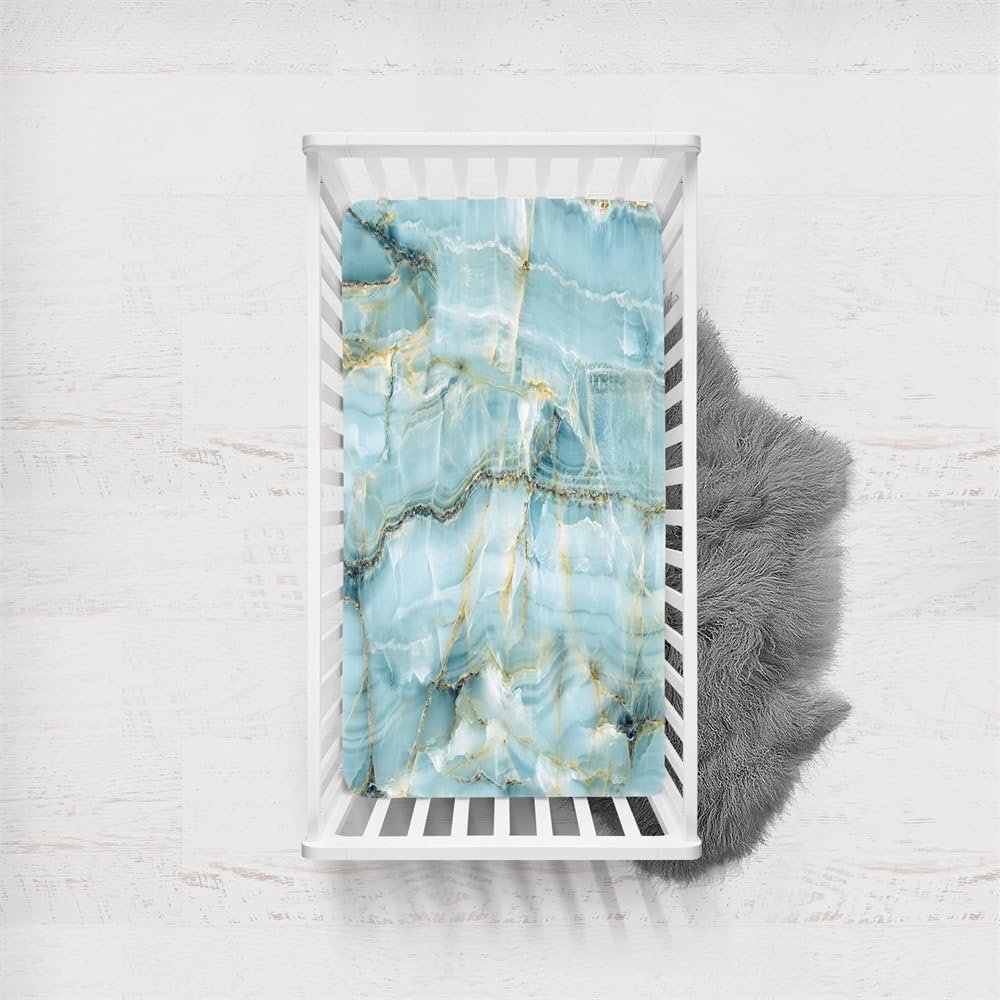 Morbuy Baby Crib Fitted Sheet, Marble Pattern, Soft and Breathable, Light Blue, 75 x 33 cm