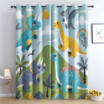 Kids' Dinosaur Blackout Curtains, Blue Dino, 2-Piece Set, 150 x 166 cm