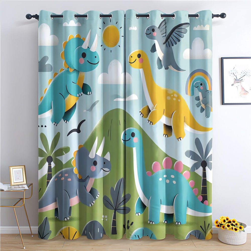 Kids' Dinosaur Blackout Curtains, Blue Dino, 2-Piece Set, 150 x 166 cm