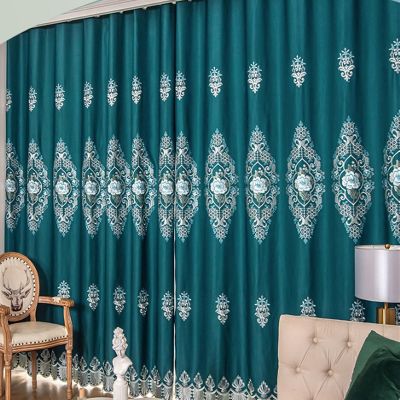 Daesar Blue-Green Blackout Curtains, 2-Piece Set, 132 x 274 cm, Floral Embroidery