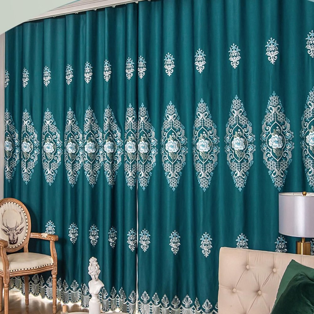 Daesar Blue-Green Blackout Curtains, 2-Piece Set, 132 x 274 cm, Floral Embroidery