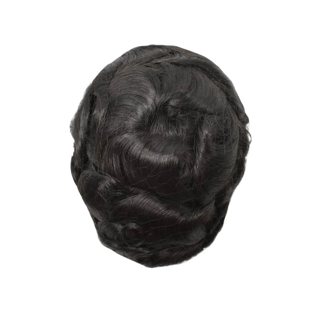 XXAD553TY 25 mm Australian Curly Men's Hairpiece, Natural Human Hair Toupee, Black, 8 × 10
