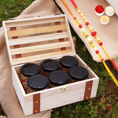 Ghasitaram Jaiccha Rakhi Gift Set for Brothers with 6 Jars of Dried Fruits and 2 Rakhis