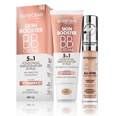 Deborah Milano BB Cream Skin Booster SPF 15, 02 Beige, 30 ml + 24 Hours Perfect All-Over Concealer, 03 Sand, 5.5 g