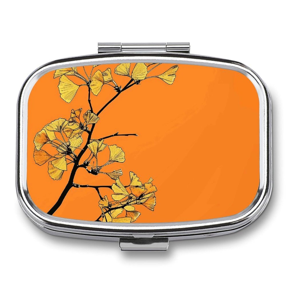 Portable Metal Pill Organizer with Ginkgo Design, 2 Compartments