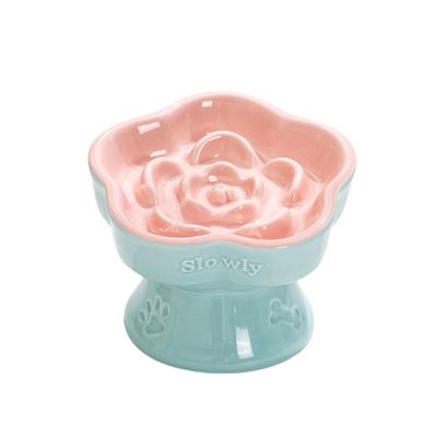 Aquainno Pet Slow Feeder Bowl, Elevated Angled Ceramic Bowl for Cats and Small Dogs, Pink