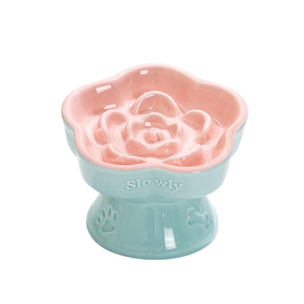 Aquainno Pet Slow Feeder Bowl, Elevated Angled Ceramic Bowl for Cats and Small Dogs, Pink