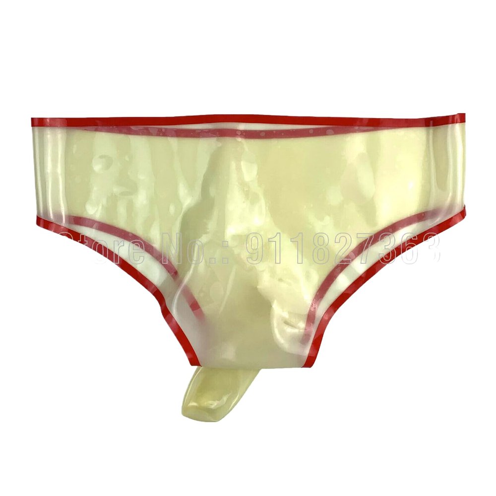 ASNAT Men's Latex Pants with Sheath, Natural Transparent with Red Trim