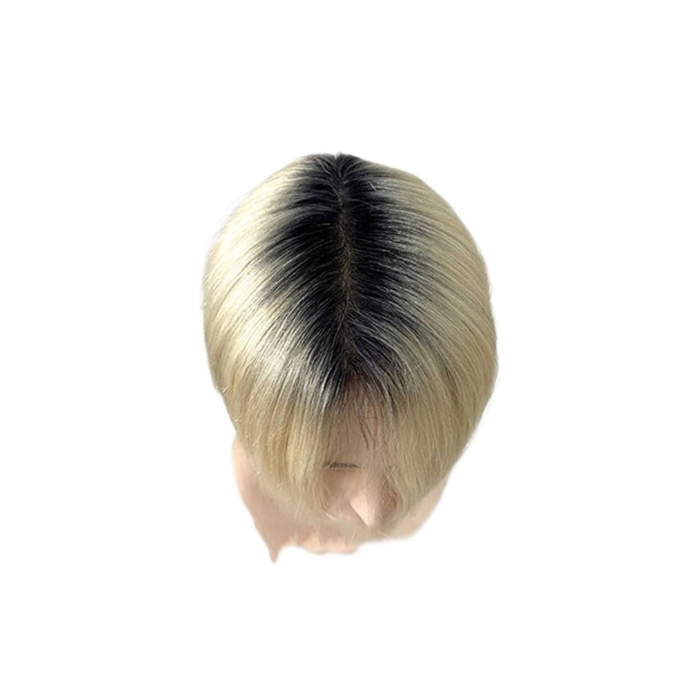 Men's 100% Human Hair Toupee, Ombre Micro-Skin Hairpiece, Dark Root White, Straight