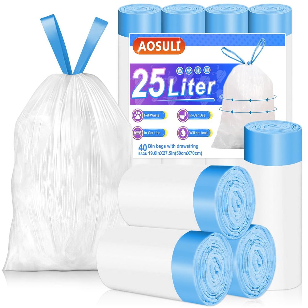 AOSULI 25L White Drawstring Trash Bags, 40 Count