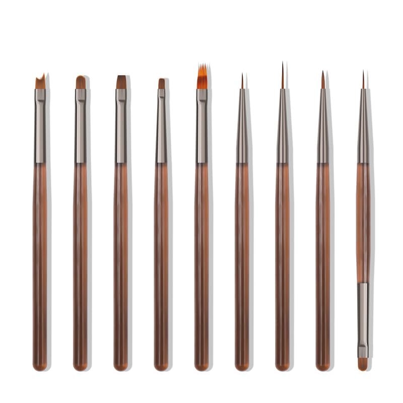 Nail Art Brush Set, 9-Piece Nail Design Painting Brushes, Professional Fine Liner Brushes, Brown