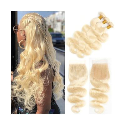 613 Blonde Body Wave Brazilian Human Hair Bundles with Lace Closure