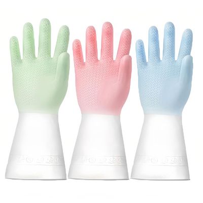 AORHOFJ Reusable Household Gloves, 3 Pairs, Scented Rubber, Non-Slip Grip, Waterproof, Long Arm, Size M
