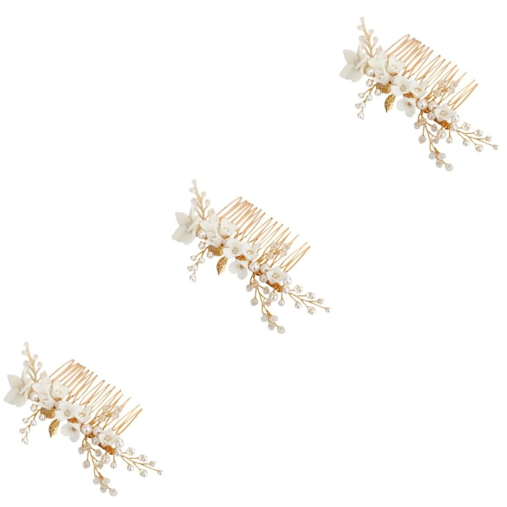 FRCOLOR 3-Piece Bridal Hair Accessory Set with Handmade White Pearl Flowers, Gold Wedding Comb