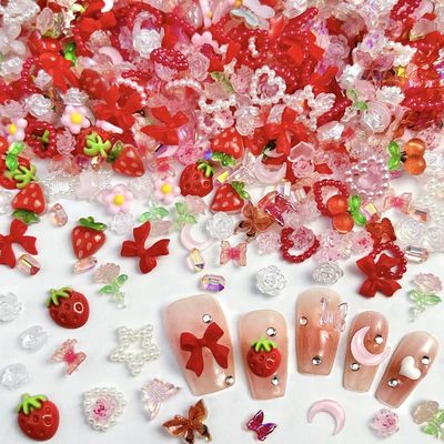 100-Piece 3D Nail Charms, Pink and Red Floral, Heart, Bow and Butterfly Designs