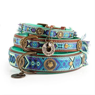 Dog with a Mission Boho Juan Dog Collar, Size S, Blue & Turquoise, Genuine Leather