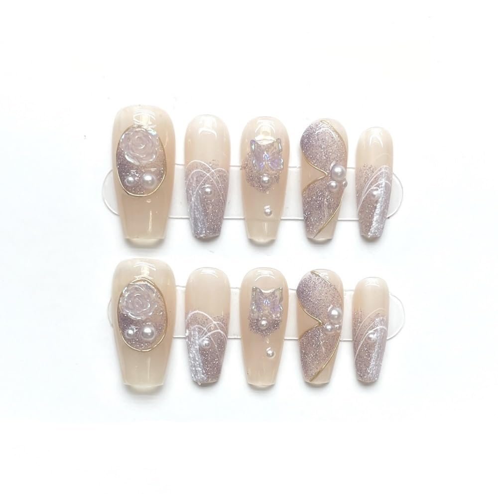 Handcrafted Armor, Removable Pink Heart, Sparkling Cat-Eye Reusable Artificial Nails (Champagne, M)