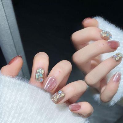 Pink Cat-Eye Handmade Artificial Nails for Fall and Winter, Ultrashort, Size L