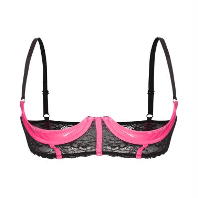 Freebily Women's Open-Cup Underwire Bra, Patent Leather Lace Lingerie, Pink, XL