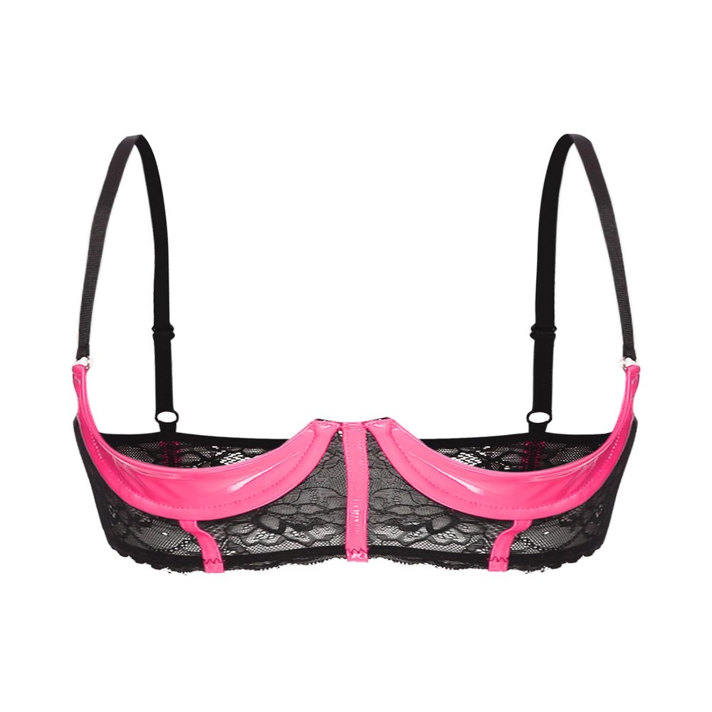 Freebily Women's Open-Cup Underwire Bra, Patent Leather Lace Lingerie, Pink, XL