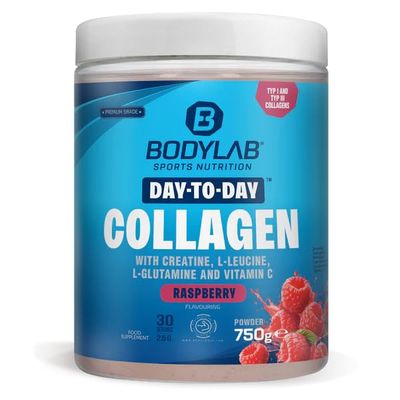 Bodylab24 Day to Day Raspberry 750 g, Collagen Hydrolysate with L-Glutamine, L-Leucine, Creatine and Vitamin C, Type 1 and 3 Collagen Peptides, Highly Soluble