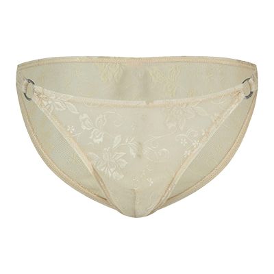 Men's Sexy Sheer Jacquard Lace Bikini Briefs with Bow Buckle, Khaki, XXL